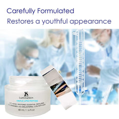 LuminaSkin mature skin glow shot suggests visible refinement and reduced pore appearance.