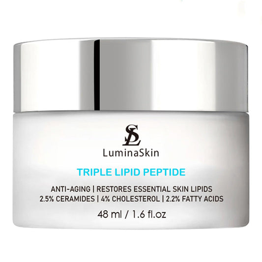 LuminaSkin Triple Lipid Peptide cream tub close-up highlighting rich texture for deep hydration.