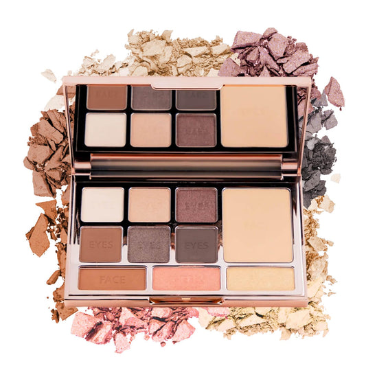 LUMINESS Face Time Essentials palette open with six eye shadows and powder for long-lasting color.