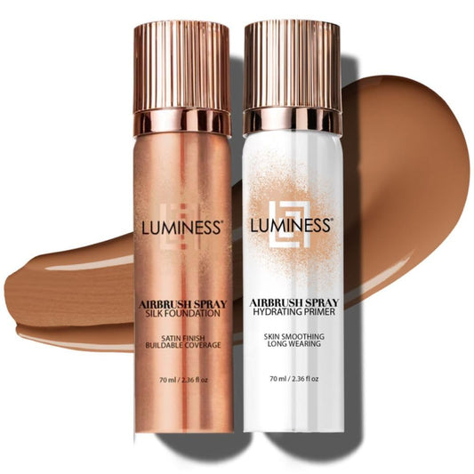 LUMINESS Silk Airbrush Spray bottle in Tan shade provides a smooth, even base.
