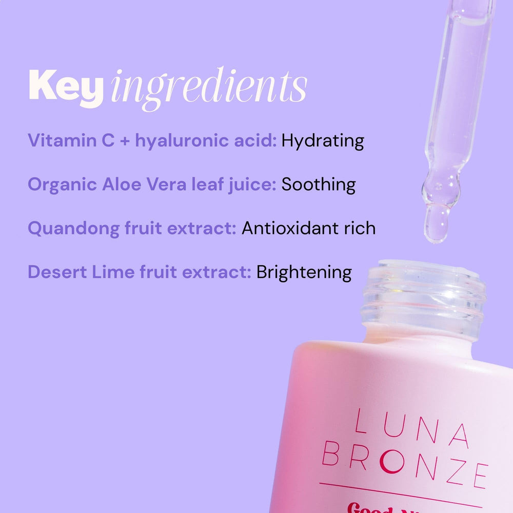 Luna Bronze Good Night Drops glow portrait suggesting morning radiance.