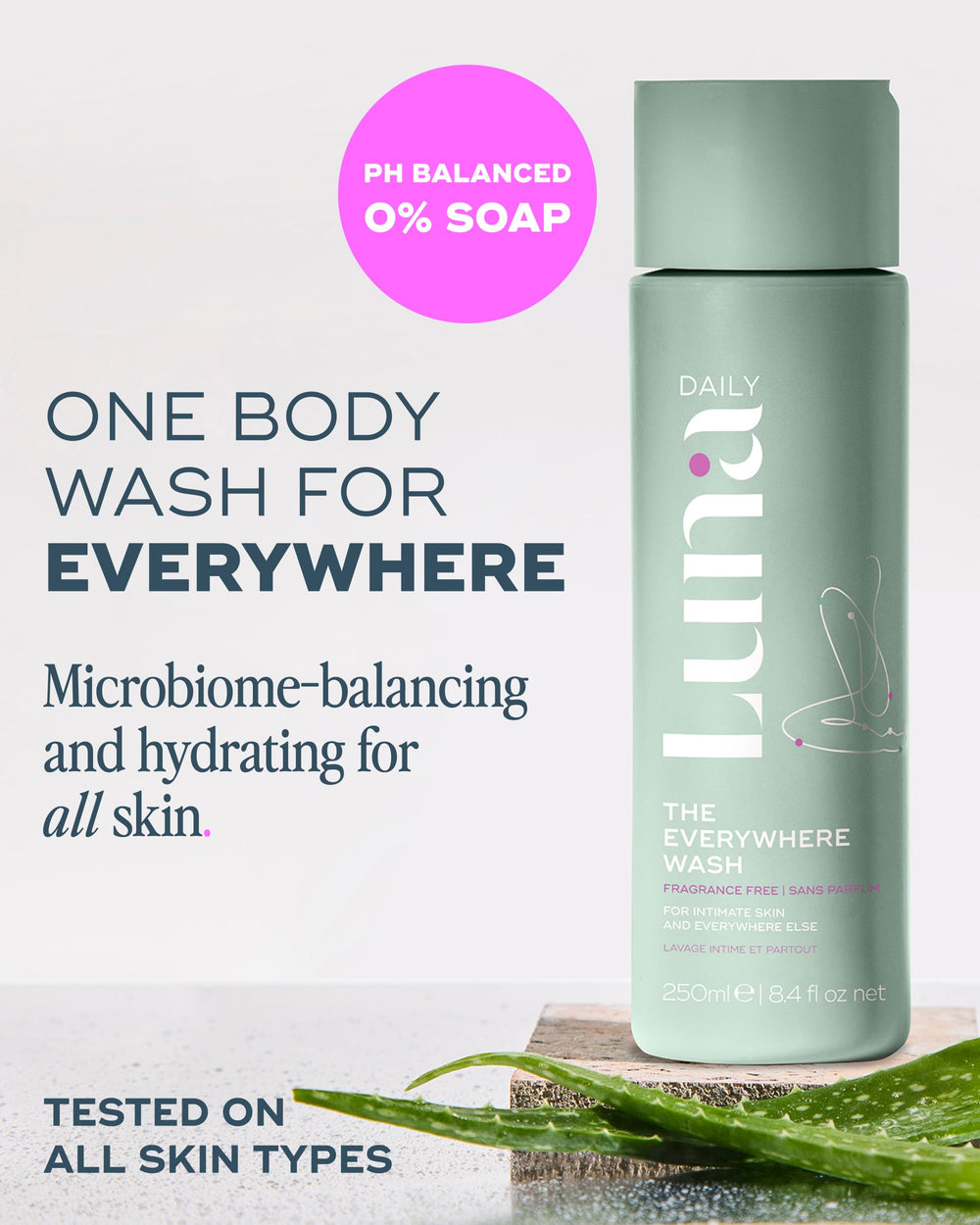 Luna Daily fragrance-free wash pump action close-up highlighting easy dispensing