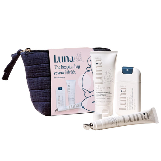Luna Daily hospital bag essentials kit box for new moms, organized for hospital stays.