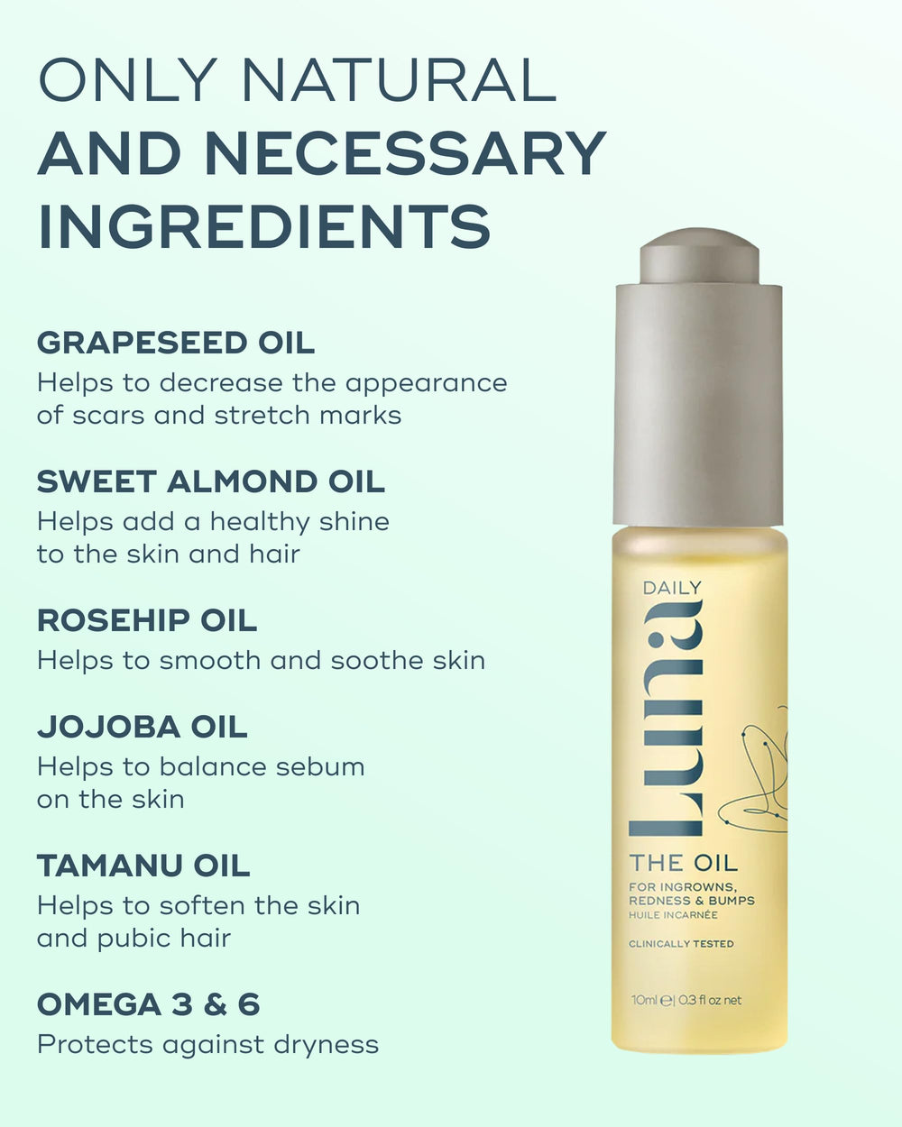 Luna Daily Mini Ingrown Hair Oil lightweight texture shown on skin