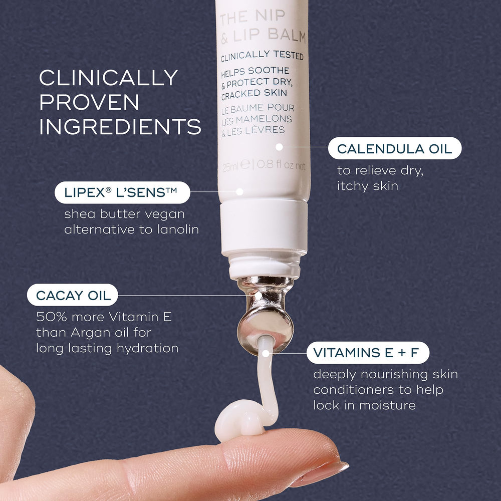 Luna Daily Nursing Balm on lips providing fragrance-free hydration and soothing comfort.