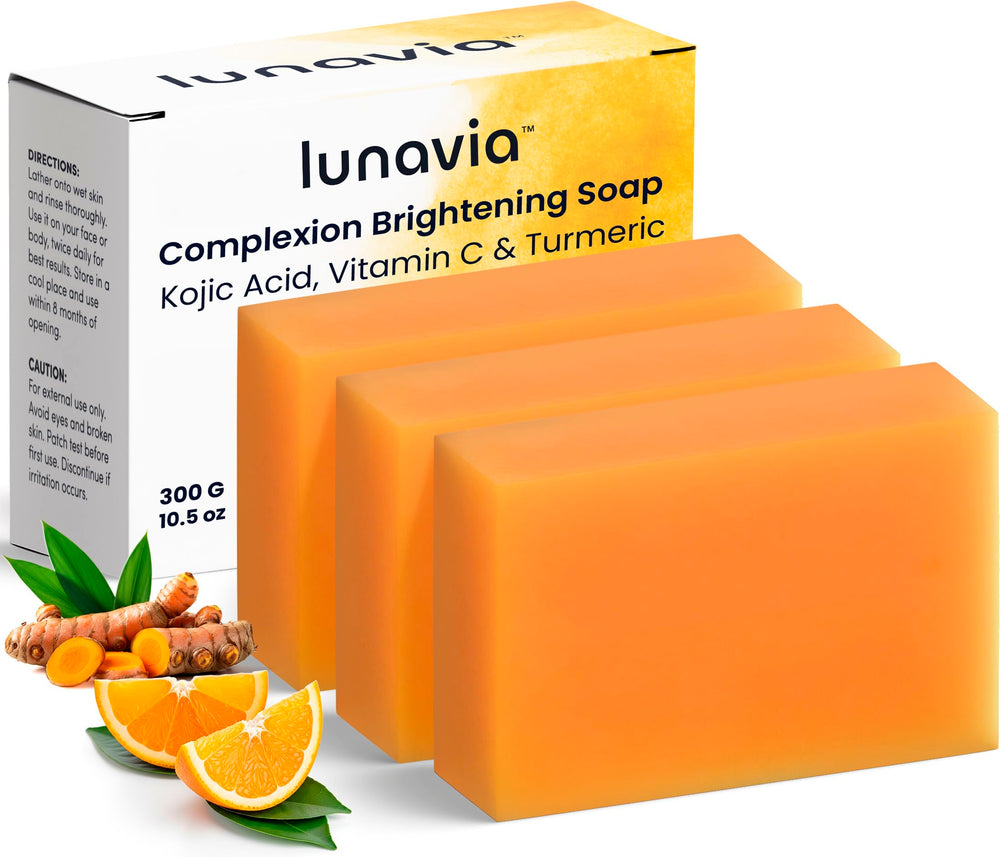 Lunavia Kojic Acid Brightening Soap Bar 3-pack closeup showing texture and glow