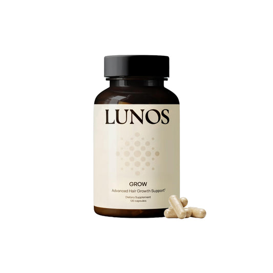 Lunos Grow Hair bottle closeup, ideal for a daily hair routine.