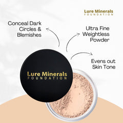 Lure Minerals Foundation packaging label communicates 8 g powder and clean ingredients.