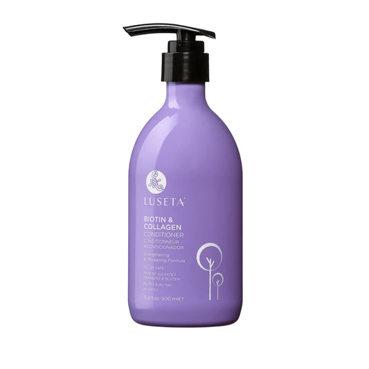 Luseta Biotin & Collagen Conditioner bottle front highlights healing formula for damaged hair