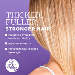 Luseta Biotin & Collagen spray being applied to damp hair before heat styling.