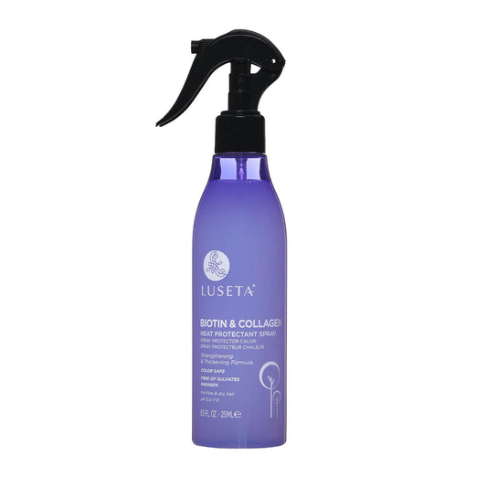 Luseta Biotin & Collagen Heat Protection Spray bottle protecting hair during styling.