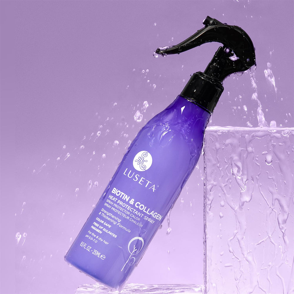 Luseta Biotin & Collagen spray shown with Luseta shampoo and conditioner set.