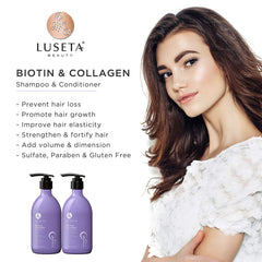 Luseta Biotin & Collagen Shampoo label close-up showing cruelty-free formula