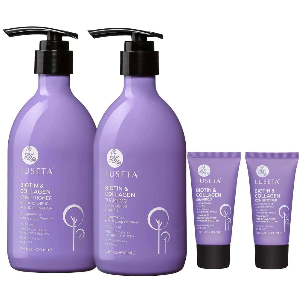 Luseta Biotin Shampoo and Conditioner Set bottle pour for fuller, nourished hair