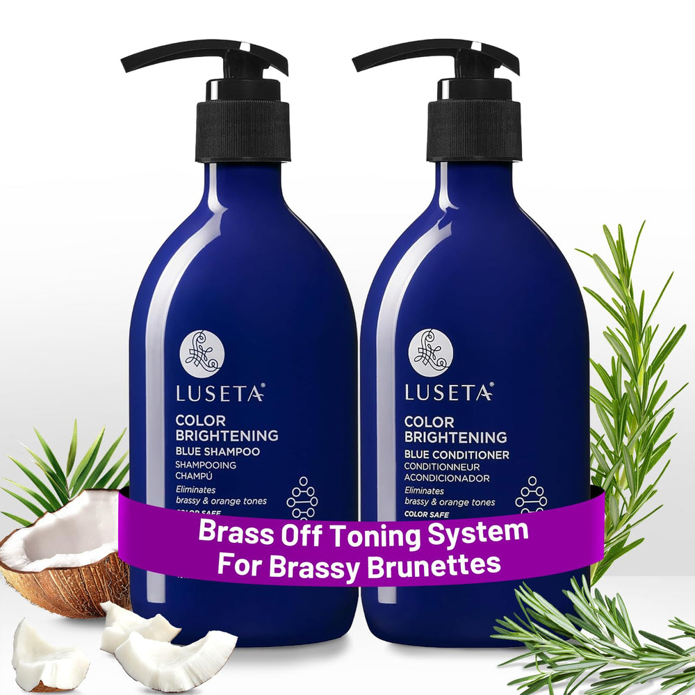 Luseta Blue Shampoo bottle highlighting color brightening for cool tones.