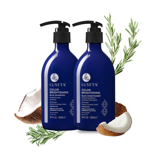 Luseta Blue Shampoo bottle front shows brassy toning for cool-toned color.