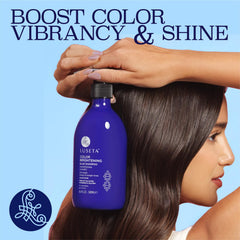 Luseta brunette hair care scene emphasizing color-treated shine and even tone.