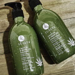 L Luseta Castor & Hemp Oil Shampoo packaging on shelf communicates premium quality