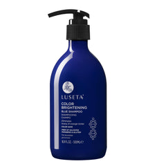 Luseta Color Brightening Blue Shampoo bottle pour neutralizes brass on brunettes