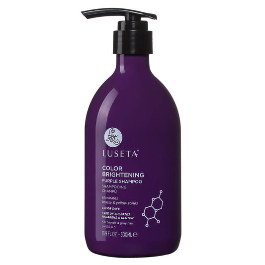 Luseta Color Brightening Purple Shampoo bottle nourishes blonde and gray hair, reducing brass.