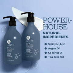 Luseta conditioner application hands demonstrates scalp-balancing benefits during wash.
