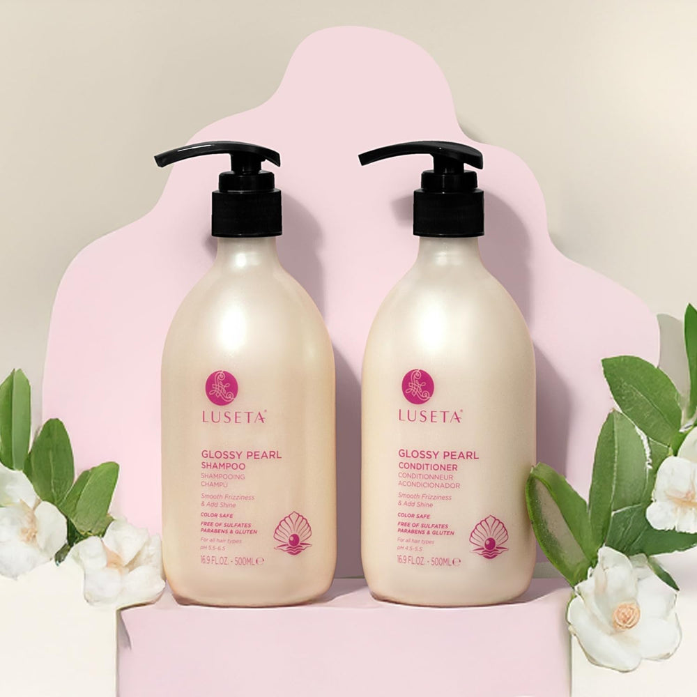Luseta Glossy Pearl Conditioner bottle emphasizing hydration and detangling benefits.