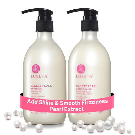 Luseta Glossy Pearl Shampoo bottle highlighting pearl extract for shine and hydration.