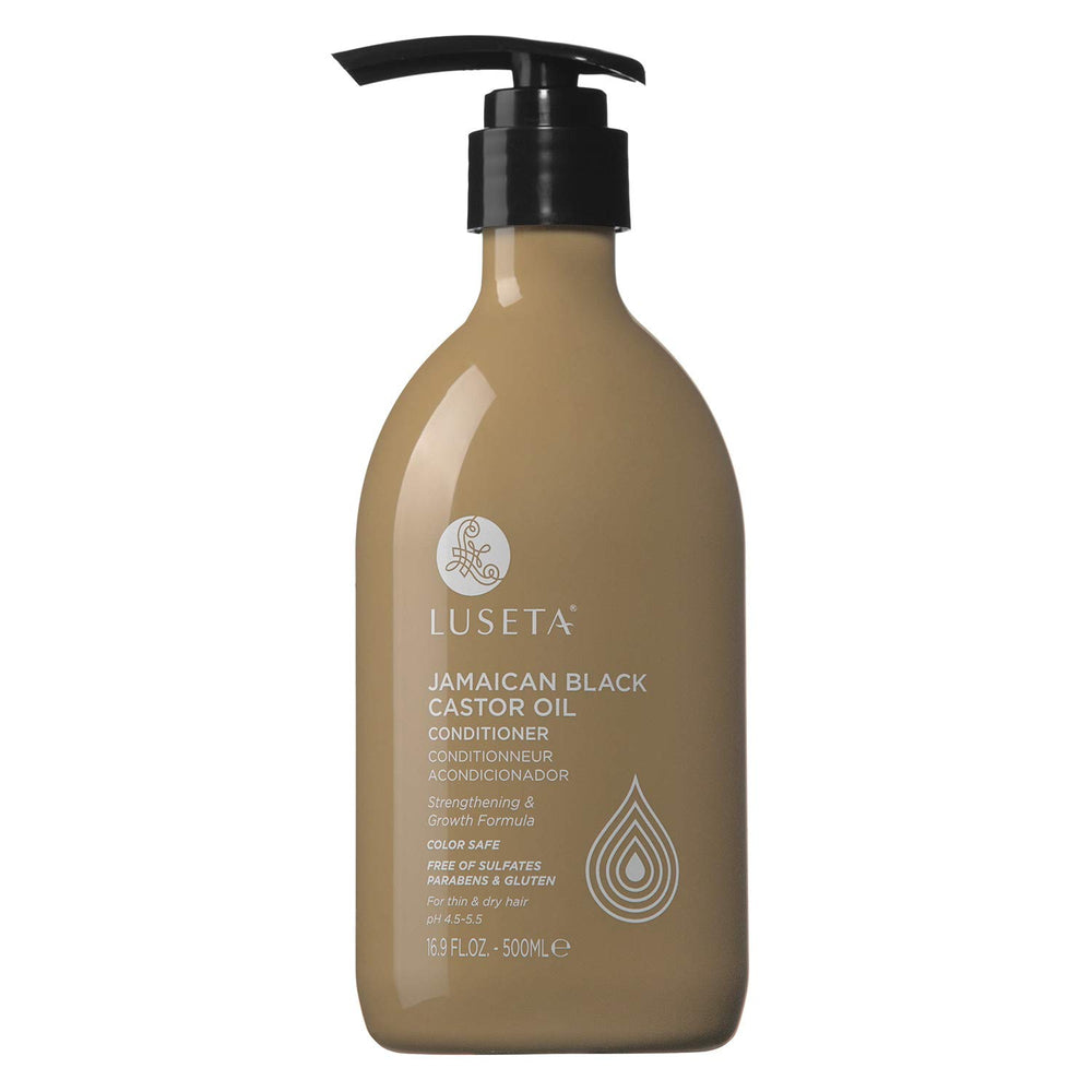 Luseta Jamaican Black Castor Oil Conditioner bottle highlights nourishing formula.