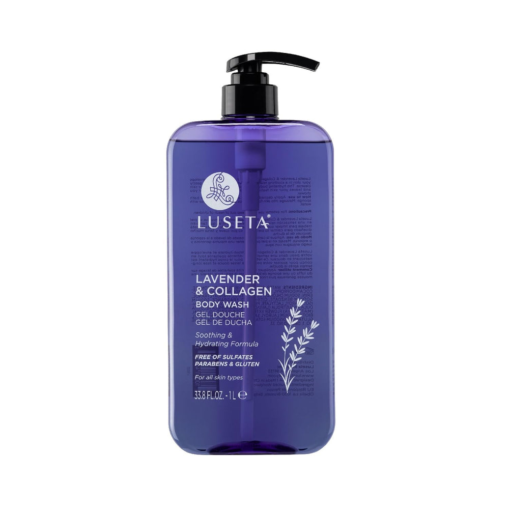 Luseta Lavender & Collagen Body Wash bottle with calming lavender aroma for daily spa-like showers.