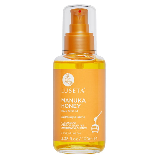 Luseta Manuka Honey Hair Oil bottle highlights nourishing formula for smoother, frizz-free hair.