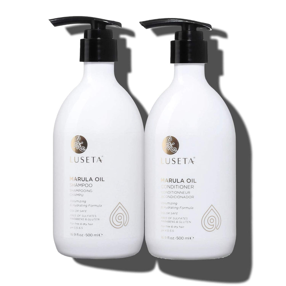 Luseta Marula Oil Shampoo bottle showing nourishing formula for healthier roots