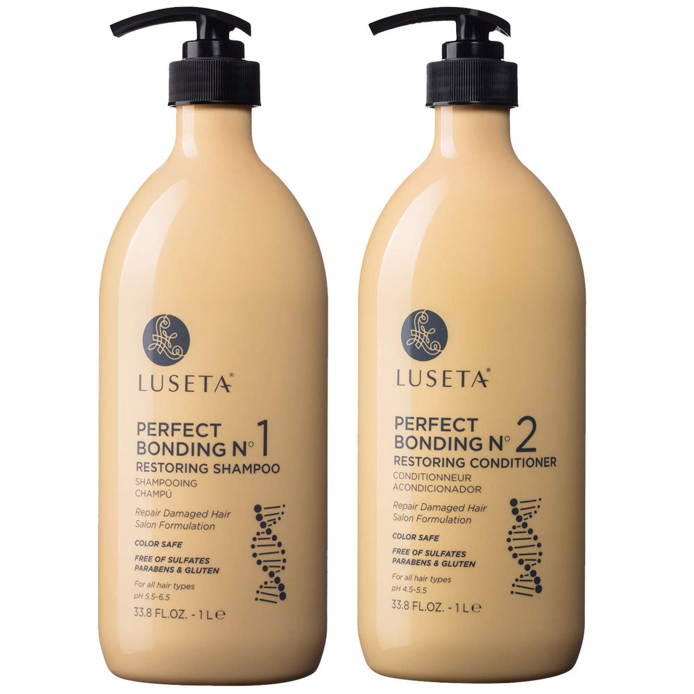 Luseta Perfect Bonding Restoring Shampoo bottle front highlights bond strengthening for resilient hair.