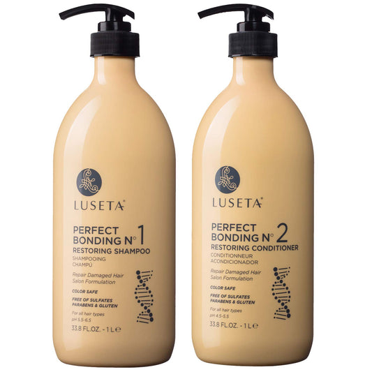 Luseta Perfect Bonding Restoring Shampoo bottle front highlights bond strengthening for resilient hair.