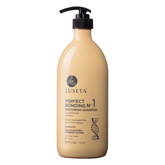 Luseta Perfect Bonding Restoring Shampoo bottle demonstrates a sulfate-free, color-safe cleanse for all hair types.