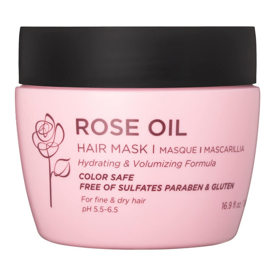 Luseta Rose Oil Hair Mask bottle shown, providing deep hydration and shine for dry hair