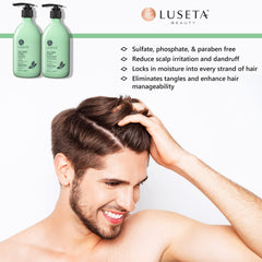 Luseta label highlights natural ingredients for soothing scalp support.