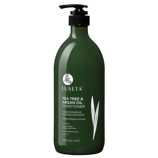 L LUSETA Tea Tree Oil Conditioner bottle pour for balanced scalp and smooth hair.