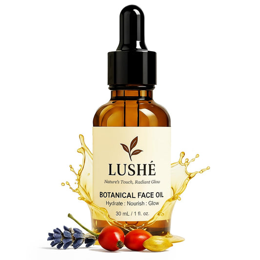 LusheCare Vitamin E Face Oil bottle close-up for lightweight hydration.