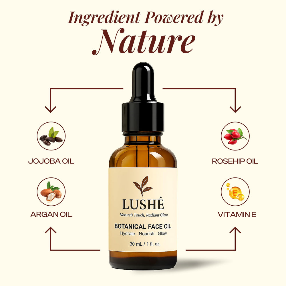 LusheCare Vitamin E Face Oil on cheek with a natural glow.