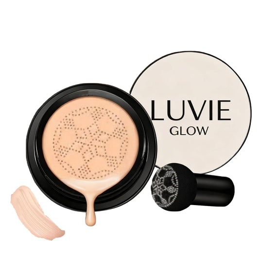 Luvie Glow Foundation Cushion compact showing flawless coverage for pore-minimized, even skin tone in daily wear