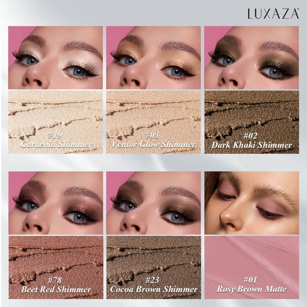 LUXAZA eyeshadow sticks swatches reveal metallic and matte finishes for buildable color.