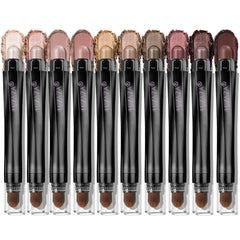 LUXAZA PRO brown eyeshadow sticks 10-piece swatch showcasing neutral shimmer and matte tones.