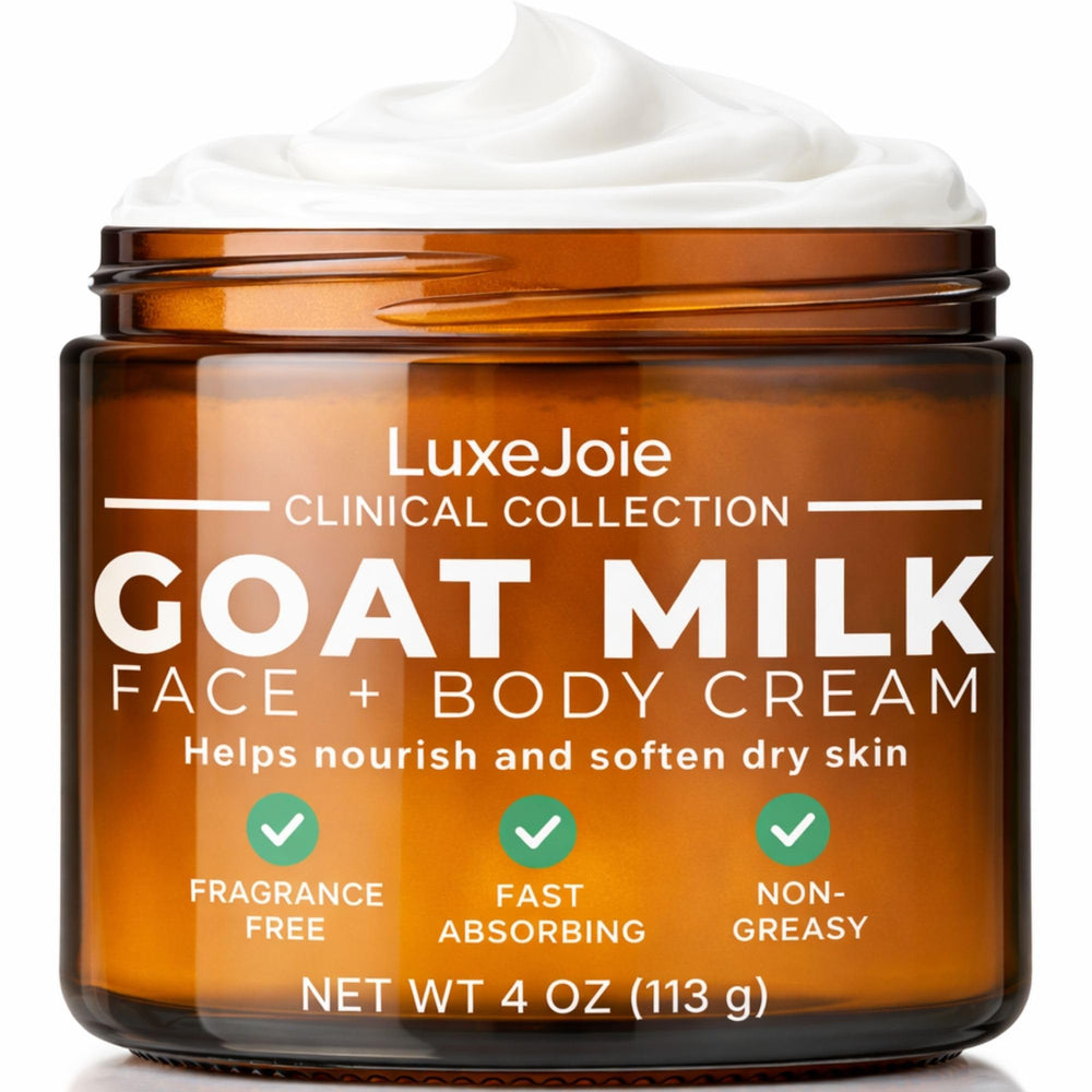 LuxeJoie Goat Milk Lotion Body non-greasy hydration for hands and skin.