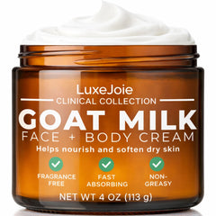 LuxeJoie Goat Milk Lotion Body non-greasy hydration for hands and skin.