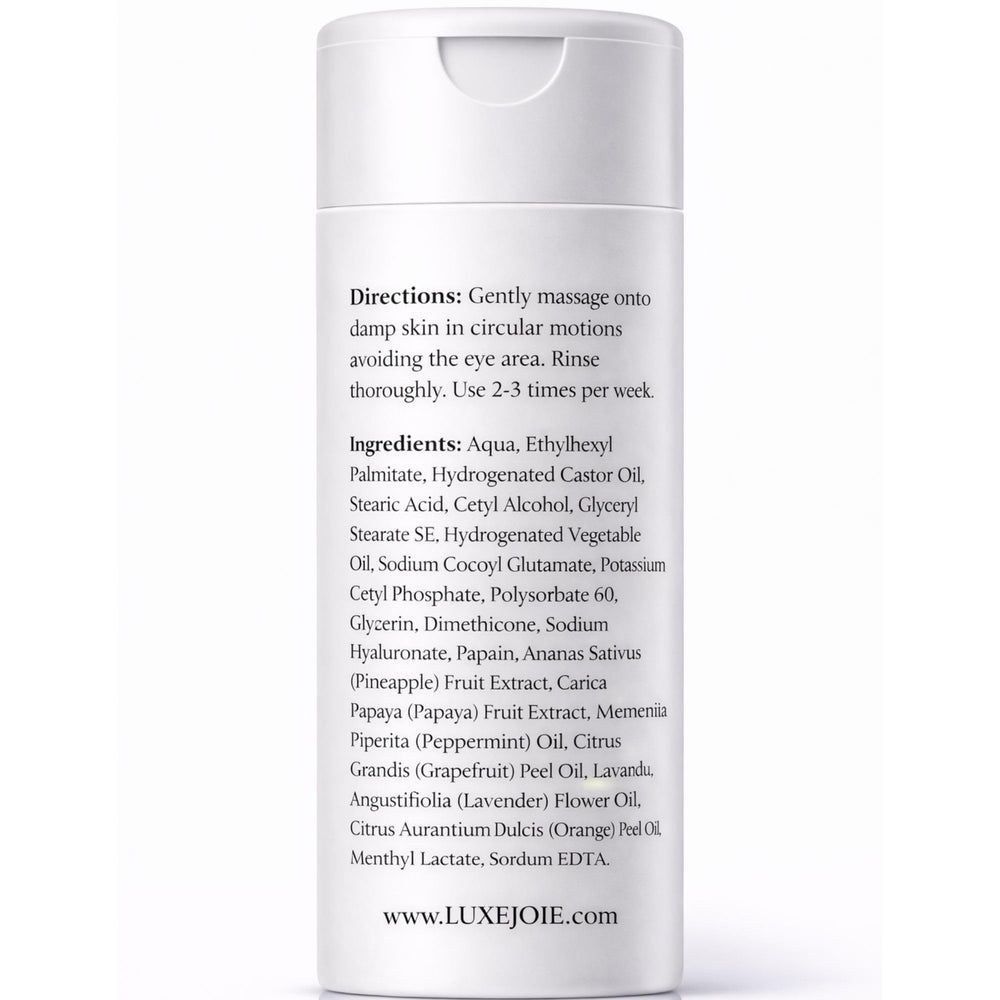 LuxeJoie Papaya Enzyme Polish creamy texture on finger demonstrates gentle exfoliation for smoother skin