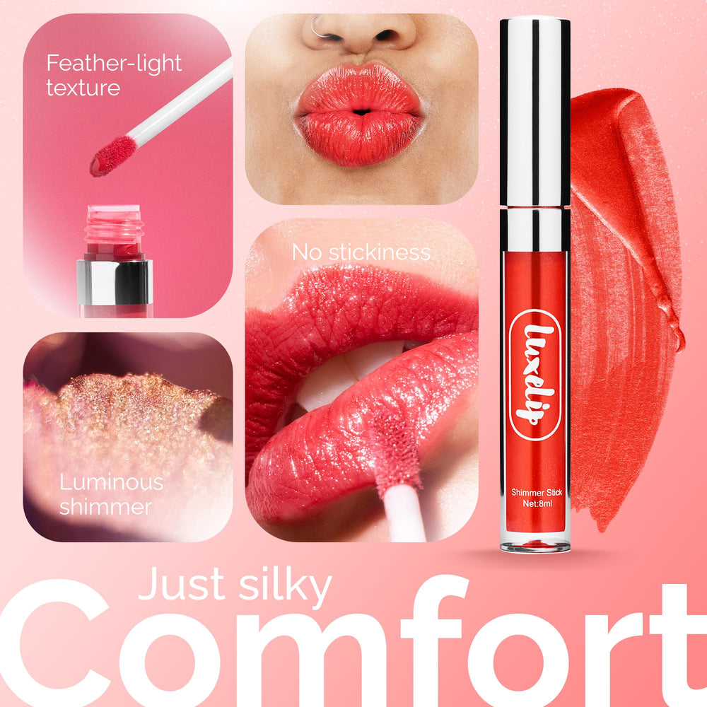 LuxeLip close-up reveals subtle shimmer for a luminous pout