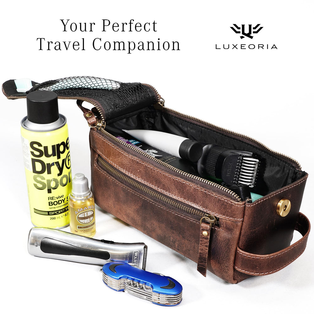 LUXEORIA premium handmade dopp kit in chocolate leather with durable zipper.