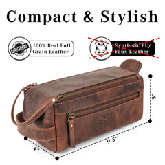 LUXEORIA leather toiletry bag close-up texture highlighting rustic finish.