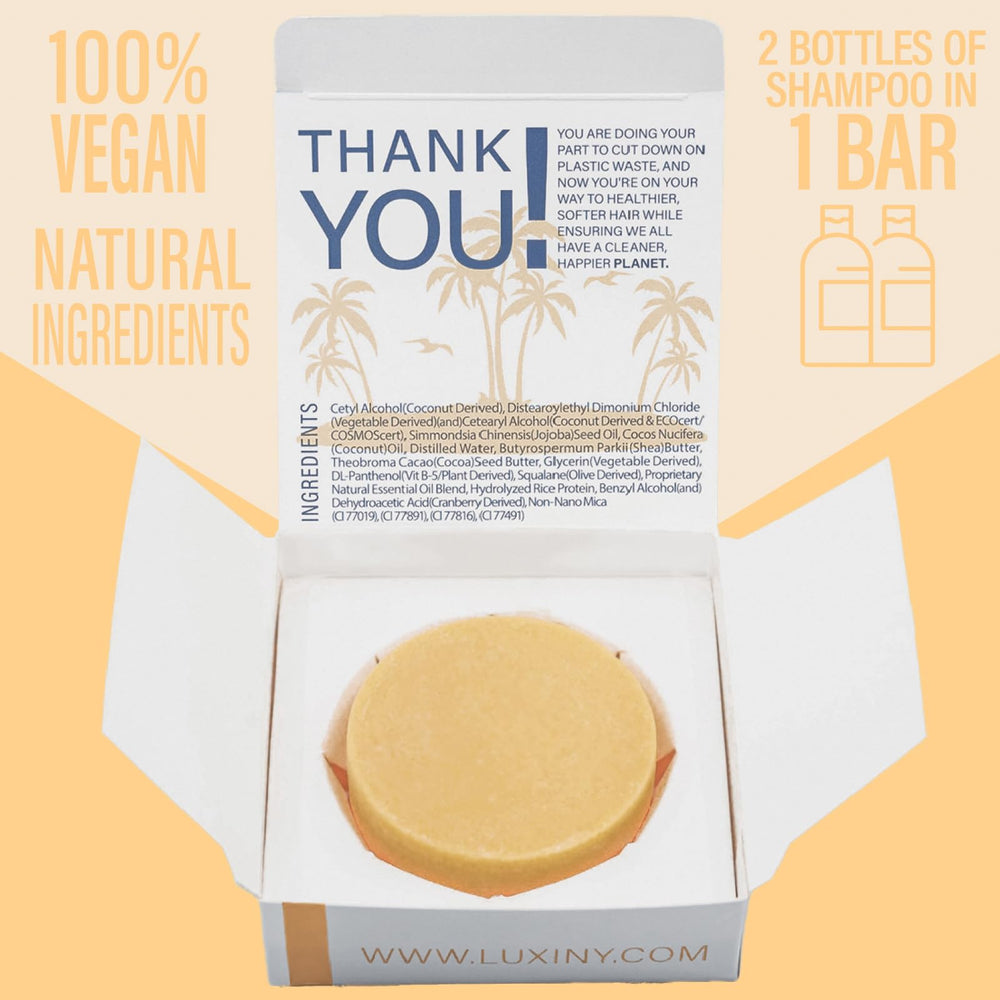Luxiny Citrus Splash conditioner bar in hand, travel-ready solid for on-the-go use.