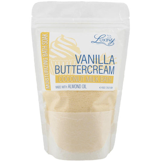 Luxiny vegan milk bath powder packaging showcases premium ingredients for an at home spa